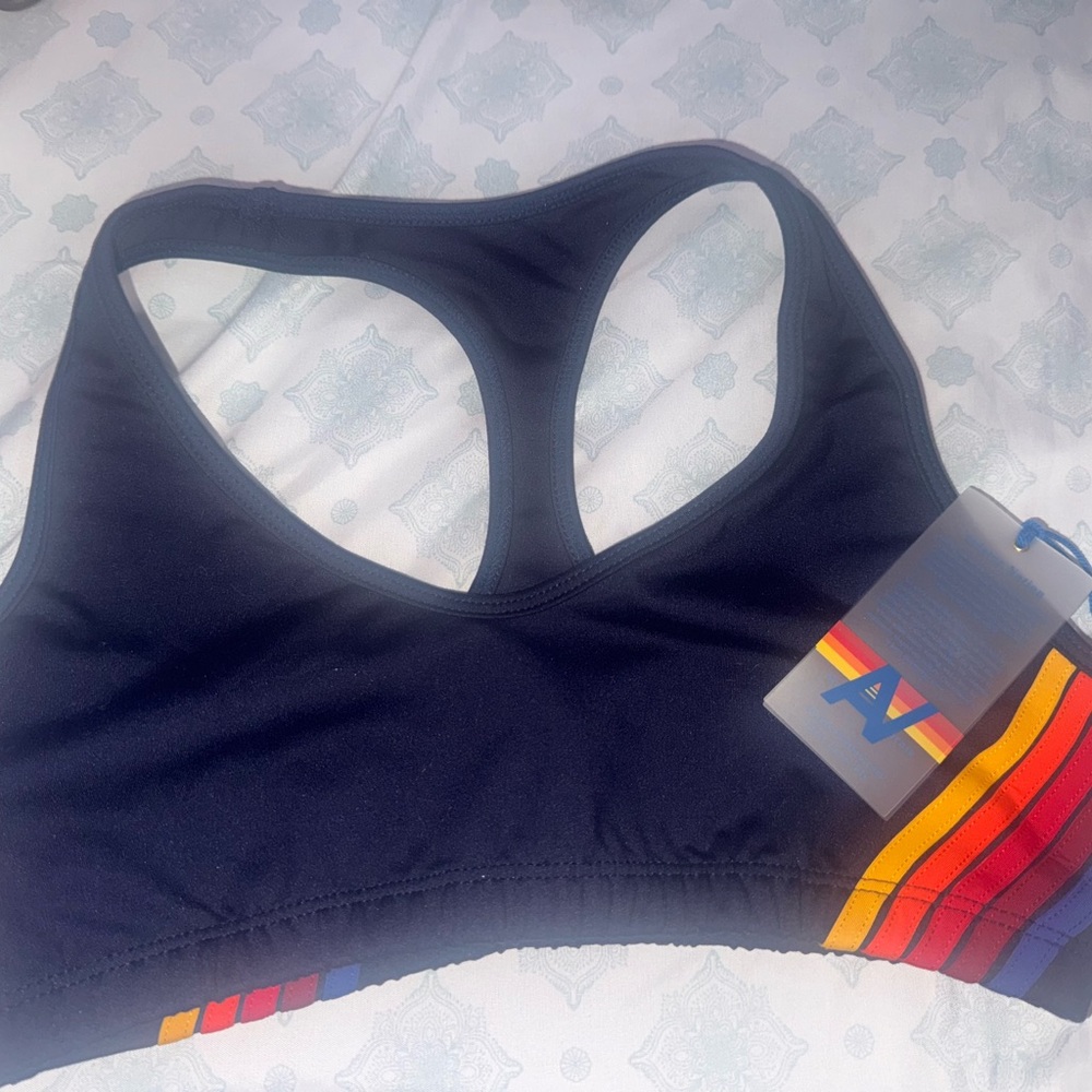Aviator Nation Dark Blue Sports Bra with Colorful Stripes